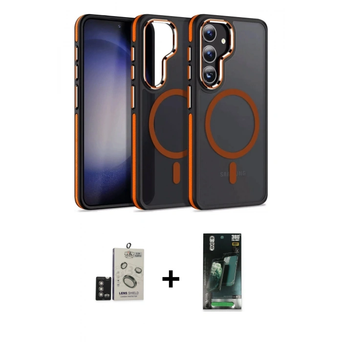 MARSİLYAN™- Galaxy S24 Kılıf Yörünge Klasik - Siyah 360 Mat Full Body Arka Koruyucu + Bilvis Titan Kamera Lens - DNMR