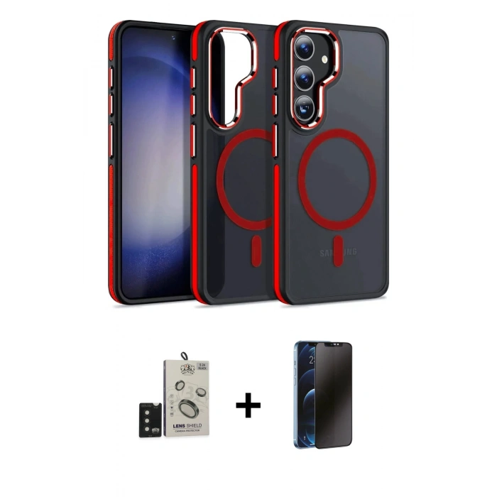 MARSİLYAN™- Galaxy S24 Kılıf Yörünge Klasik - Siyah 3D Antistatik Hayalet Cam Ekran Koruyucu + Bilvis Titan Kamera Lens - SH
