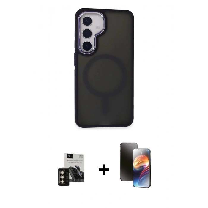 MARSİLYAN™- Galaxy S24 Kılıf Yörünge Klasik - Siyah 3D Antistatik Mat Seramik Nano Ekran Koruyucu + PVD Metal Kamera Lens - GD