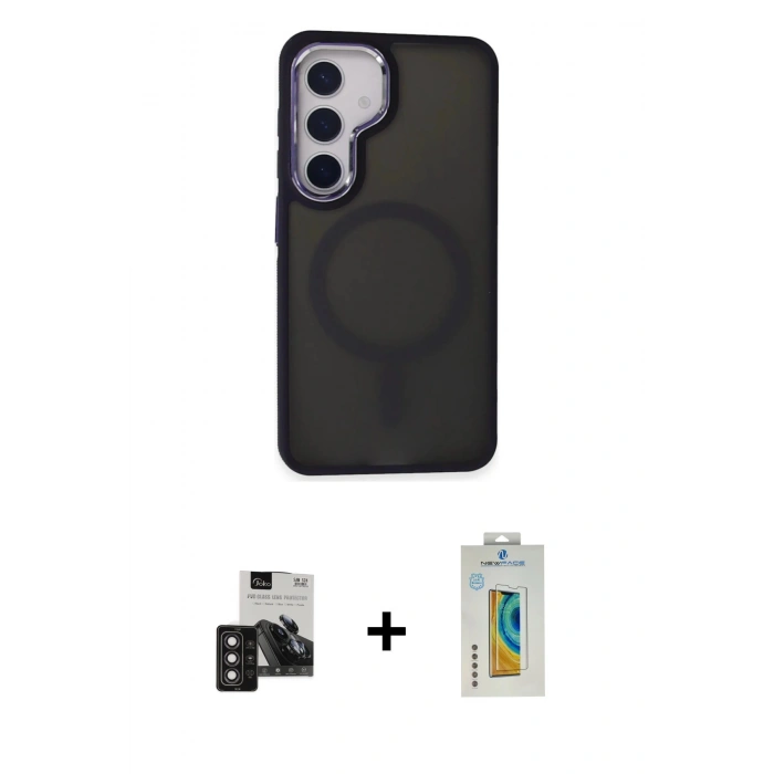 MARSİLYAN™- Galaxy S24 Kılıf Yörünge Klasik - Siyah Polymer Nano Ekran Koruyucu + PVD Metal Kamera Lens - DNMR