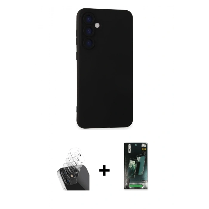 MARSİLYAN™- Galaxy S24 Plus Kılıf Ahenk Serisi - Siyah 360 Mat Full Body Arka Koruyucu + Kamera Lens Koruma Cam - SF