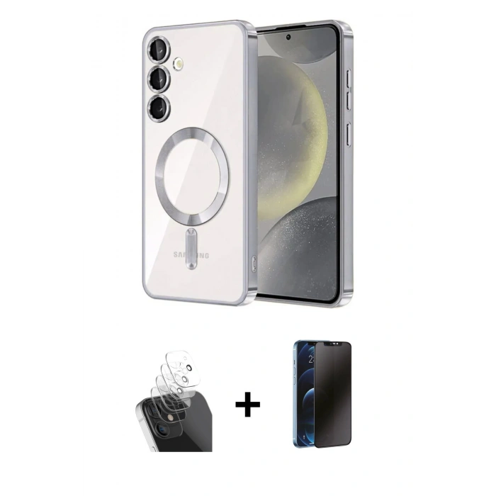MARSİLYAN™- Galaxy S24 Plus Kılıf Nova Işık Özel Seri - Siyah 3D Antistatik Hayalet Cam Ekran Koruyucu + Kamera Lens Koruma Cam - SF
