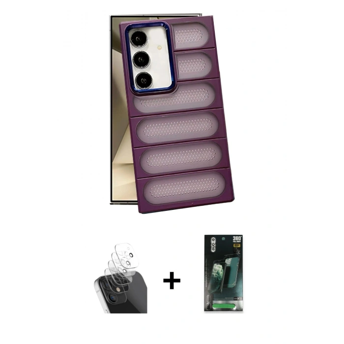MARSİLYAN™- Galaxy S24 Plus Kılıf Yadigar Doku Özel Seri - Siyah 360 Mat Full Body Arka Koruyucu + Kamera Lens Koruma Cam - SF