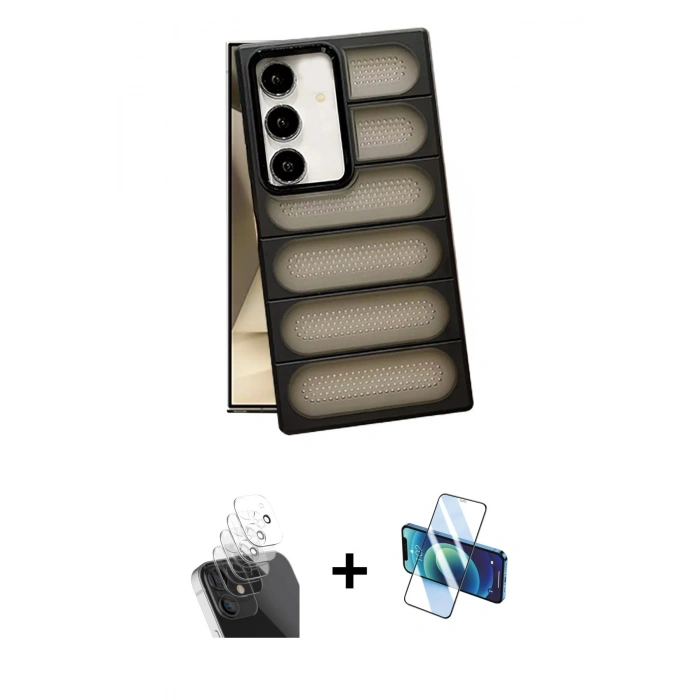 MARSİLYAN™- Galaxy S24 Plus Kılıf Yadigar Doku Özel Seri - Siyah 3D Antistatik Cam Ekran Koruyucu + Kamera Lens Koruma Cam - SF