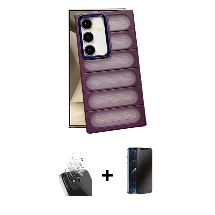 MARSİLYAN™- Galaxy S24 Plus Kılıf Yadigar Doku Özel Seri - Siyah 3D Antistatik Hayalet Cam Ekran Koruyucu + Kamera Lens Koruma Cam - SF