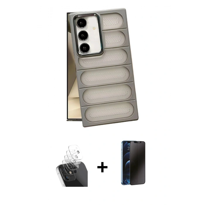 MARSİLYAN™- Galaxy S24 Plus Kılıf Yadigar Doku Özel Seri - Siyah 3D Antistatik Hayalet Cam Ekran Koruyucu + Kamera Lens Koruma Cam - SF