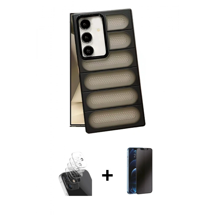 MARSİLYAN™- Galaxy S24 Plus Kılıf Yadigar Doku Özel Seri - Siyah 3D Antistatik Hayalet Cam Ekran Koruyucu + Kamera Lens Koruma Cam - SF