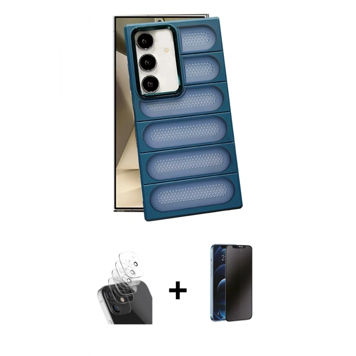 MARSİLYAN™- Galaxy S24 Plus Kılıf Yadigar Doku Özel Seri - Siyah 3D Antistatik Hayalet Cam Ekran Koruyucu + Kamera Lens Koruma Cam - SF