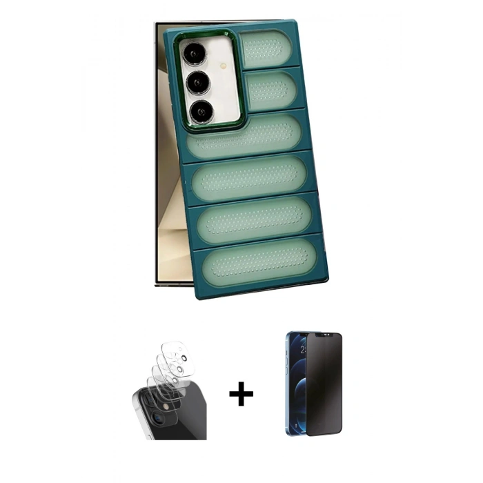 MARSİLYAN™- Galaxy S24 Plus Kılıf Yadigar Doku Özel Seri - Siyah 3D Antistatik Hayalet Cam Ekran Koruyucu + Kamera Lens Koruma Cam - SF