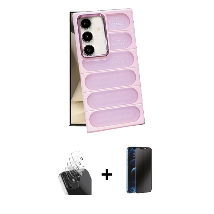 MARSİLYAN™- Galaxy S24 Plus Kılıf Yadigar Doku Özel Seri - Siyah 3D Antistatik Hayalet Cam Ekran Koruyucu + Kamera Lens Koruma Cam - SF