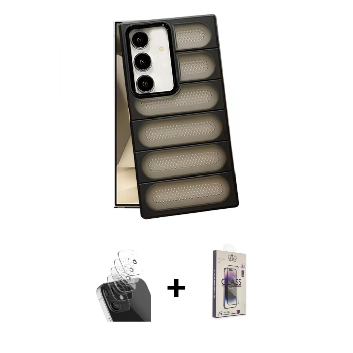 MARSİLYAN™- Galaxy S24 Plus Kılıf Yadigar Doku Özel Seri - Siyah Bilvis 3D Cam Ekran Koruyucu + Kamera Lens Koruma Cam - SF