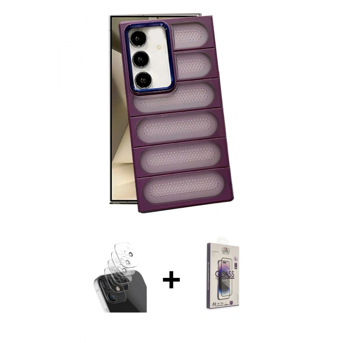 MARSİLYAN™- Galaxy S24 Plus Kılıf Yadigar Doku Özel Seri - Siyah Bilvis 3D Cam Ekran Koruyucu + Kamera Lens Koruma Cam - SF
