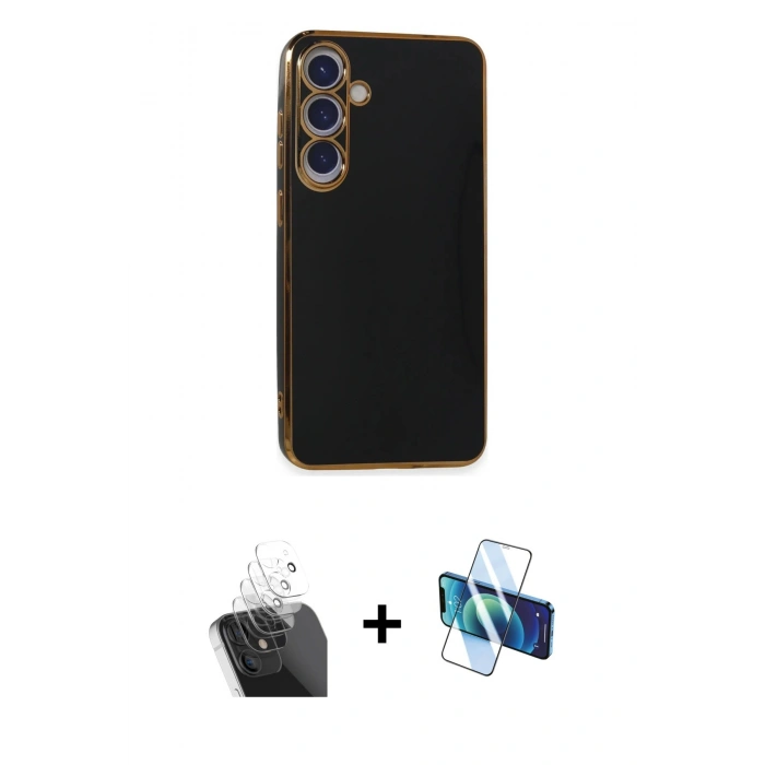 MARSİLYAN™- Galaxy S24 Plus Kılıf Yankı Serisi - Siyah 3D Antistatik Cam Ekran Koruyucu + Kamera Lens Koruma Cam - SF