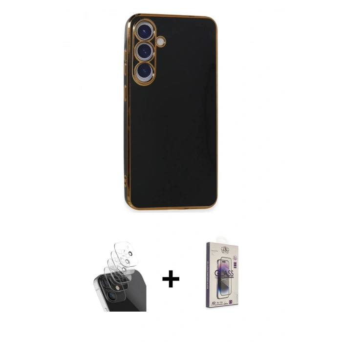 MARSİLYAN™- Galaxy S24 Plus Kılıf Yankı Serisi - Siyah Bilvis 3D Cam Ekran Koruyucu + Şeffaf Kamera Lens Koruma Cam
