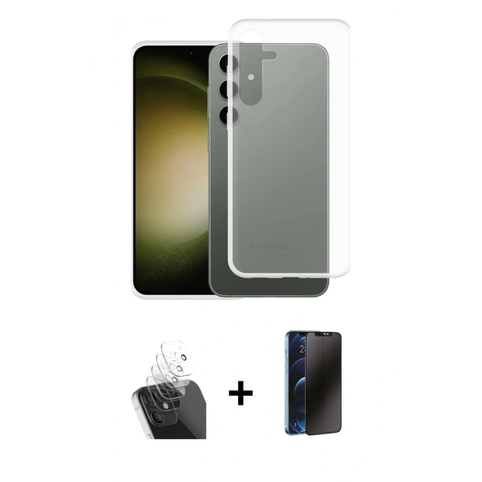 MARSİLYAN™- Galaxy S24 Plus Kılıf Zirve Doku - Siyah 3D Antistatik Hayalet Cam Ekran Koruyucu + Kamera Lens Koruma Cam - SF