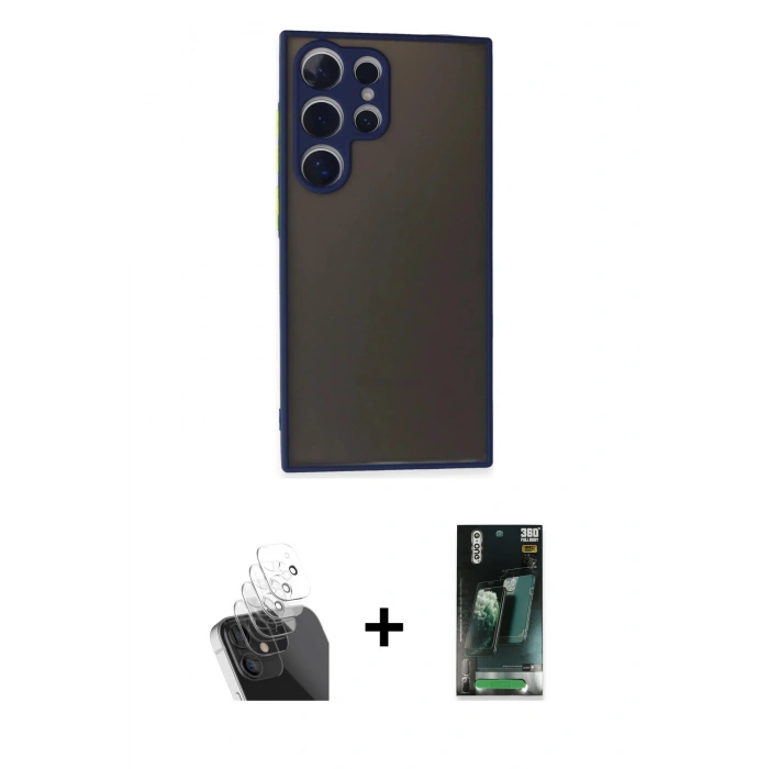 MARSİLYAN™- Galaxy S24 Ultra Kılıf Ahenk Çizgi Serisi - Siyah 360 Mat Full Body Arka Koruyucu + Kamera Lens Koruma Cam - SF