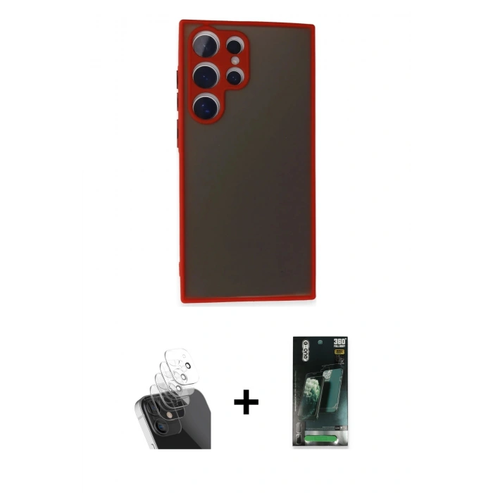 MARSİLYAN™- Galaxy S24 Ultra Kılıf Ahenk Çizgi Serisi - Siyah 360 Mat Full Body Arka Koruyucu + Kamera Lens Koruma Cam - SF