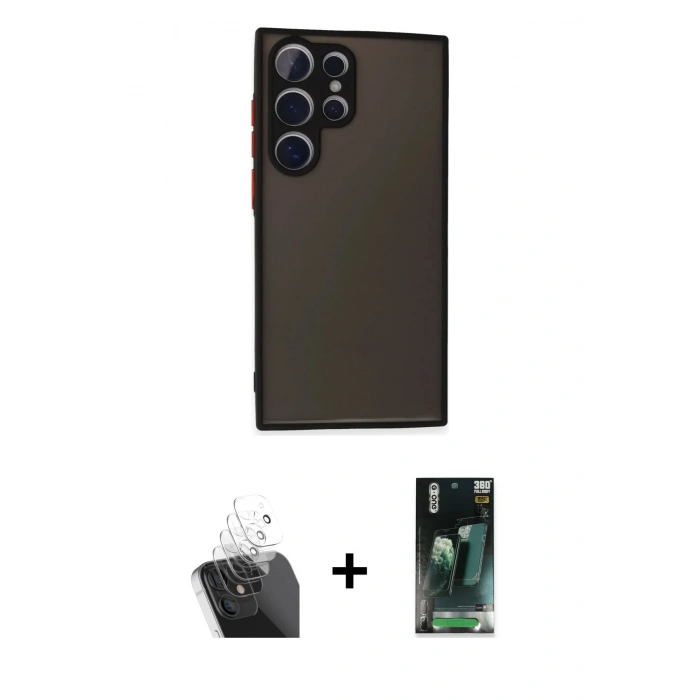 MARSİLYAN™- Galaxy S24 Ultra Kılıf Ahenk Çizgi Serisi - Siyah 360 Mat Full Body Arka Koruyucu + Kamera Lens Koruma Cam - SF