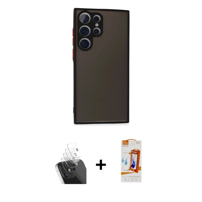 MARSİLYAN™- Galaxy S24 Ultra Kılıf Ahenk Çizgi Serisi - Siyah AutoKit 5in1 Fiber Polymer Nano Ekran Koruyucu + Kamera Lens Koruma Cam - SF