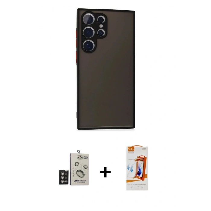 MARSİLYAN™- Galaxy S24 Ultra Kılıf Ahenk Çizgi Serisi - Siyah AutoKit 5in1 Fiber Polymer Nano Ekran Koruyucu + Bilvis Titan Kamera Lens - DNMR