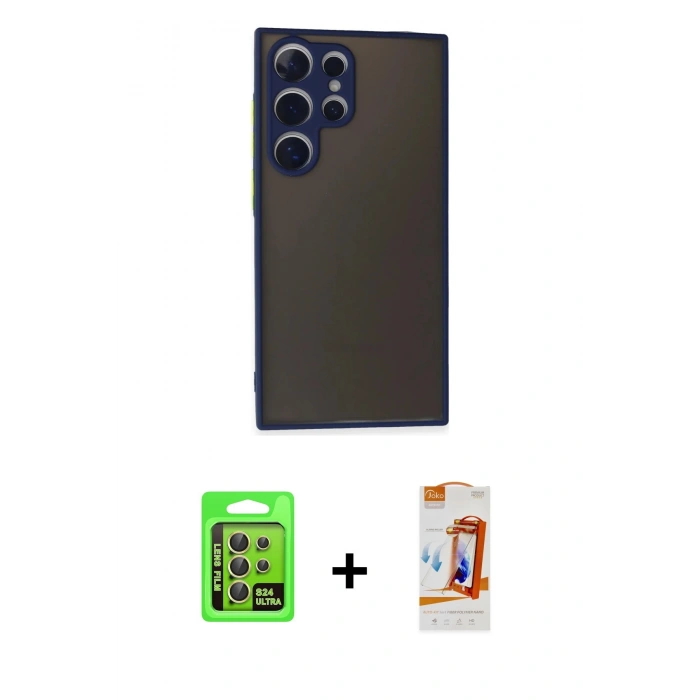 MARSİLYAN™- Galaxy S24 Ultra Kılıf Ahenk Çizgi Serisi - Siyah AutoKit 5in1 Fiber Polymer Nano Ekran Koruyucu + Raze Metal Kamera Lens - SI