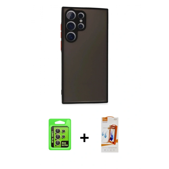 MARSİLYAN™- Galaxy S24 Ultra Kılıf Ahenk Çizgi Serisi - Siyah AutoKit 5in1 Fiber Polymer Nano Ekran Koruyucu + Raze Metal Kamera Lens - SI