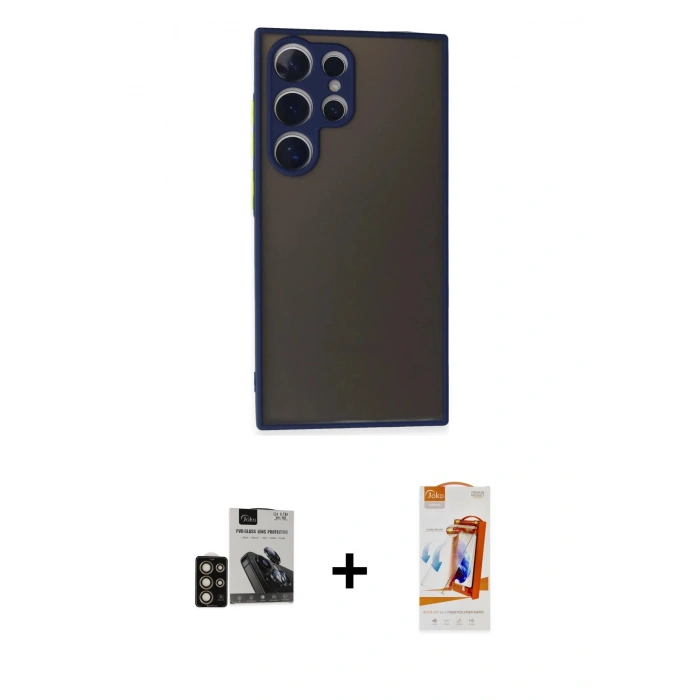 MARSİLYAN™- Galaxy S24 Ultra Kılıf Ahenk Çizgi Serisi - Siyah AutoKit 5in1 Fiber Polymer Nano Ekran Koruyucu + PVD Metal Kamera Lens - GD