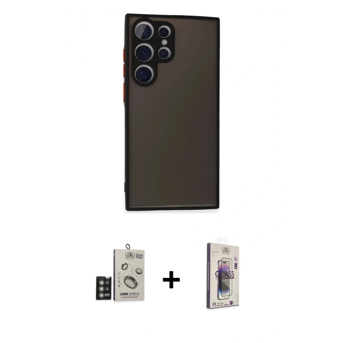 MARSİLYAN™- Galaxy S24 Ultra Kılıf Ahenk Çizgi Serisi - Siyah Bilvis 3D Cam Ekran Koruyucu + Bilvis Titan Kamera Lens - DNMR