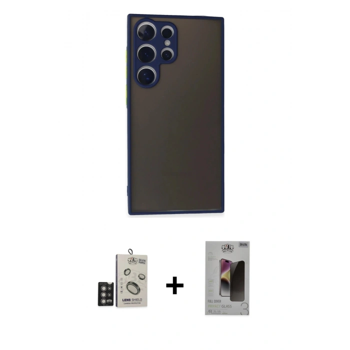 MARSİLYAN™- Galaxy S24 Ultra Kılıf Ahenk Çizgi Serisi - Siyah Bilvis Hayalet Cam Ekran Koruyucu + Bilvis Titan Kamera Lens - DNMR