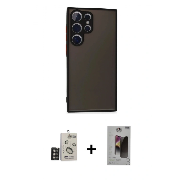 MARSİLYAN™- Galaxy S24 Ultra Kılıf Ahenk Çizgi Serisi - Siyah Bilvis Hayalet Cam Ekran Koruyucu + Bilvis Titan Kamera Lens - DNMR