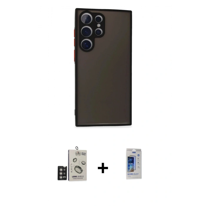 MARSİLYAN™- Galaxy S24 Ultra Kılıf Ahenk Çizgi Serisi - Siyah Durable Full Glue Curved Cam + Bilvis Titan Kamera Lens - DNMR