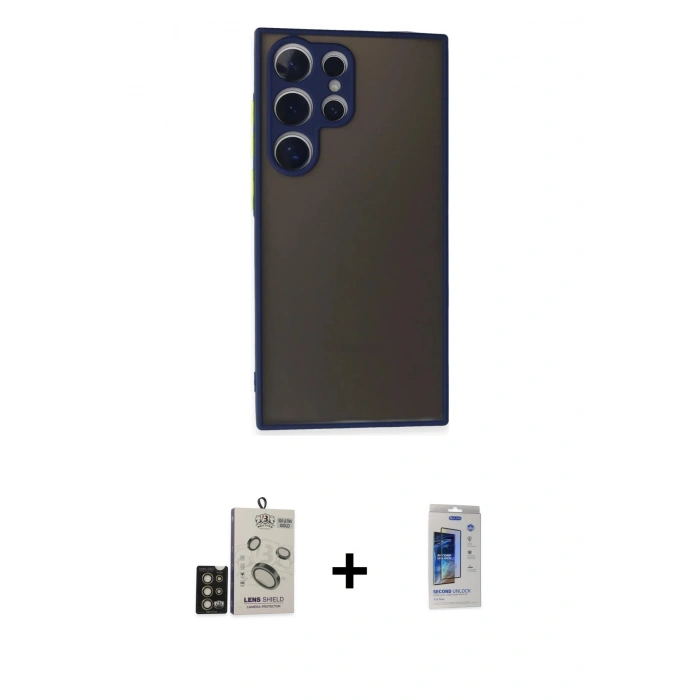 MARSİLYAN™- Galaxy S24 Ultra Kılıf Ahenk Çizgi Serisi - Siyah Durable Full Glue Curved Cam + Bilvis Titan Kamera Lens - GD