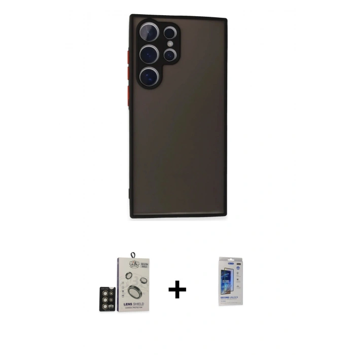 MARSİLYAN™- Galaxy S24 Ultra Kılıf Ahenk Çizgi Serisi - Siyah Durable Full Glue Curved Hayalet Cam + Bilvis Titan Kamera Lens - GD