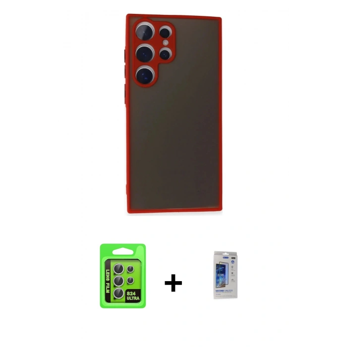 MARSİLYAN™- Galaxy S24 Ultra Kılıf Ahenk Çizgi Serisi - Siyah Durable Full Glue Curved Hayalet Cam + Raze Metal Kamera Lens - GS