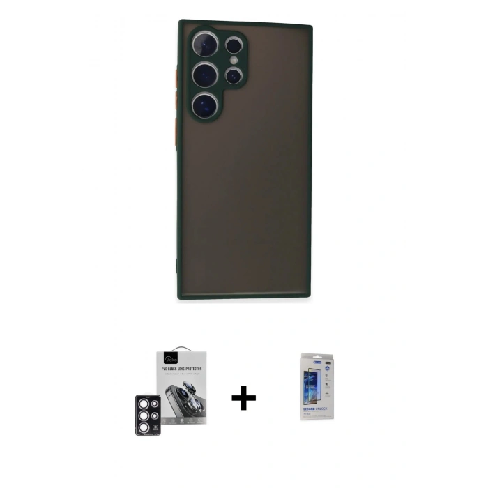 MARSİLYAN™- Galaxy S24 Ultra Kılıf Ahenk Çizgi Serisi - Siyah Durable Full Glue Curved Hayalet Cam + PVD Metal Kamera Lens - PE