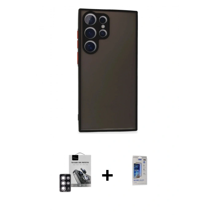 MARSİLYAN™- Galaxy S24 Ultra Kılıf Ahenk Çizgi Serisi - Siyah Durable Full Glue Curved Hayalet Cam + PVD Metal Kamera Lens - PE
