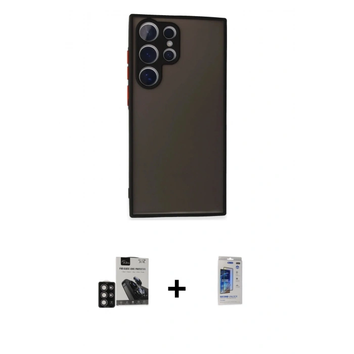 MARSİLYAN™- Galaxy S24 Ultra Kılıf Ahenk Çizgi Serisi - Siyah Durable Full Glue Curved Hayalet Cam + PVD Metal Kamera Lens - DNMR