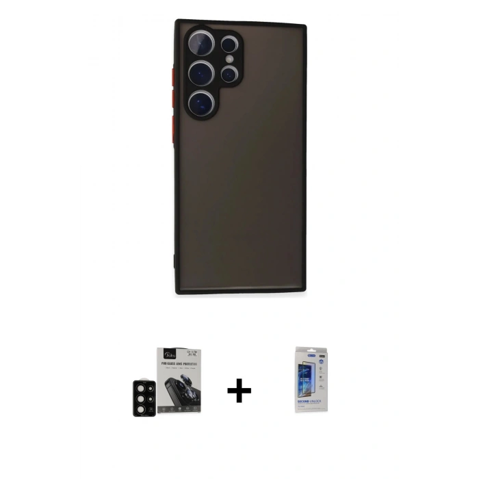 MARSİLYAN™- Galaxy S24 Ultra Kılıf Ahenk Çizgi Serisi - Siyah Durable Full Glue Curved Hayalet Cam + Siyah PVD Metal Kamera Lens