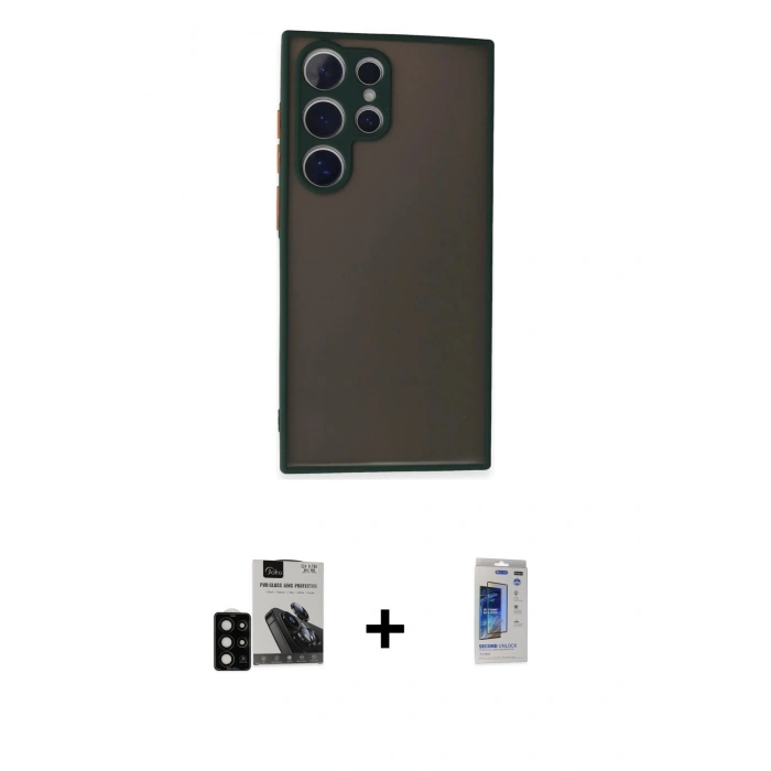 MARSİLYAN™- Galaxy S24 Ultra Kılıf Ahenk Çizgi Serisi - Siyah Durable Full Glue Curved Hayalet Cam + Siyah PVD Metal Kamera Lens