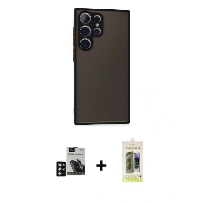 MARSİLYAN™- Galaxy S24 Ultra Kılıf Ahenk Çizgi Serisi - Siyah Joko Magic 5D Hayalet Cam + PVD Metal Kamera Lens - DNMR