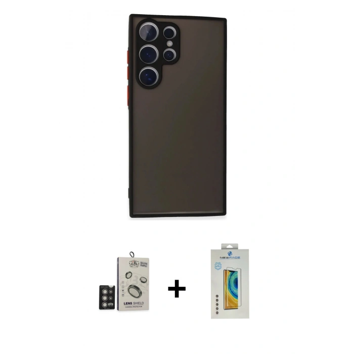 MARSİLYAN™- Galaxy S24 Ultra Kılıf Ahenk Çizgi Serisi - Siyah Polymer Nano Ekran Koruyucu + Bilvis Titan Kamera Lens - DNMR