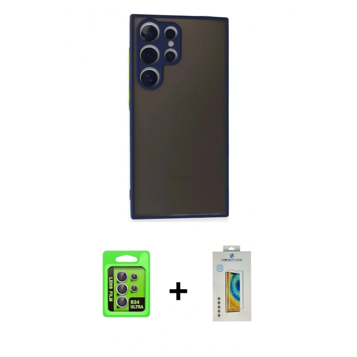 MARSİLYAN™- Galaxy S24 Ultra Kılıf Ahenk Çizgi Serisi - Siyah Polymer Nano Ekran Koruyucu + Raze Metal Kamera Lens - MR