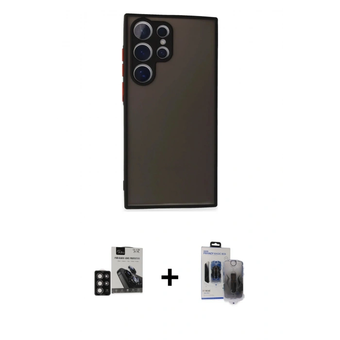 MARSİLYAN™- Galaxy S24 Ultra Kılıf Ahenk Çizgi Serisi - Siyah Vanessa Magic Hayalet Cam + PVD Metal Kamera Lens - DNMR