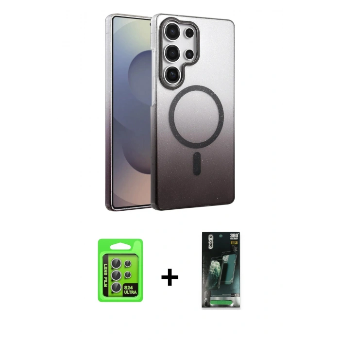 MARSİLYAN™- Galaxy S24 Ultra Kılıf Ahenk Doku Özel Seri - Siyah 360 Mat Full Body Arka Koruyucu + Raze Metal Kamera Lens - GS