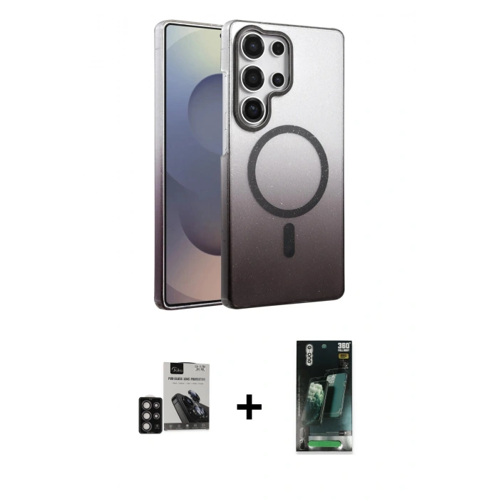 MARSİLYAN™- Galaxy S24 Ultra Kılıf Ahenk Doku Özel Seri - Siyah 360 Mat Full Body Arka Koruyucu + PVD Metal Kamera Lens - DNMR