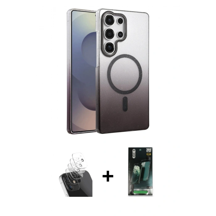 MARSİLYAN™- Galaxy S24 Ultra Kılıf Ahenk Doku Özel Seri - Siyah 360 Mat Full Body Arka Koruyucu + Kamera Lens Koruma Cam - SF