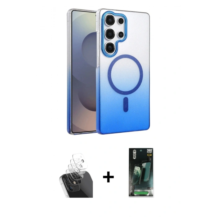 MARSİLYAN™- Galaxy S24 Ultra Kılıf Ahenk Doku Özel Seri - Siyah 360 Mat Full Body Arka Koruyucu + Kamera Lens Koruma Cam - SF