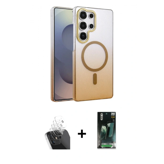 MARSİLYAN™- Galaxy S24 Ultra Kılıf Ahenk Doku Özel Seri - Siyah 360 Mat Full Body Arka Koruyucu + Kamera Lens Koruma Cam - SF