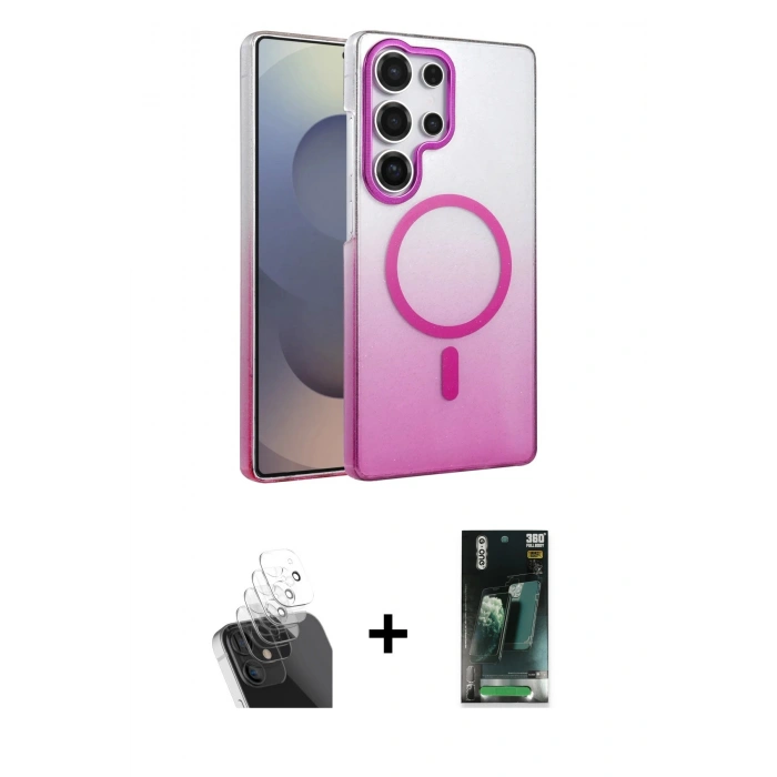 MARSİLYAN™- Galaxy S24 Ultra Kılıf Ahenk Doku Özel Seri - Siyah 360 Mat Full Body Arka Koruyucu + Kamera Lens Koruma Cam - SF