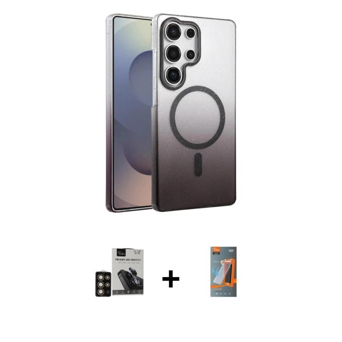 MARSİLYAN™- Galaxy S24 Ultra Kılıf Ahenk Doku Özel Seri - Siyah AutoKit 5in1 Fiber Hayalet Polymer Nano Ekran Koruyucu + PVD Metal Kamera Lens - GD